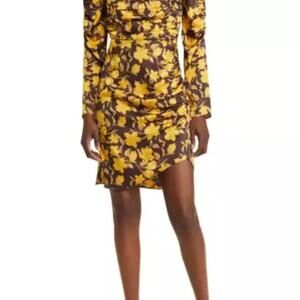 Floret studios yellow and black floral shirred Long Sleeve dress‎ women’s size S